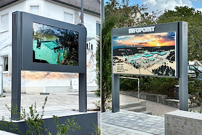 Neben den Wegweisern zeigt auch der Outdoor-Screen einen Übersichtsplan für Besucher.